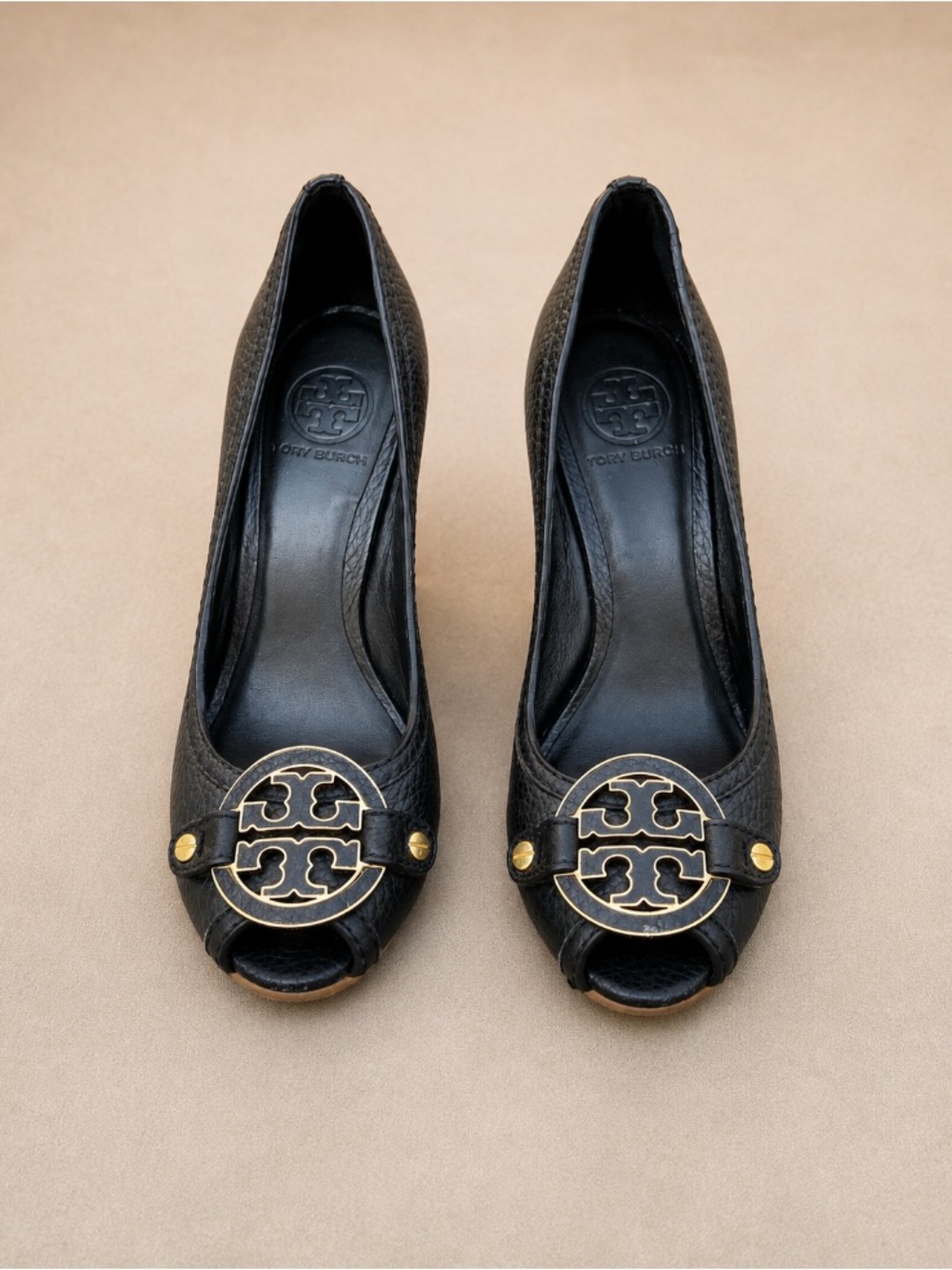 Tory Burch Black Leather Peep Toe Wedge Pumps Gold Logo